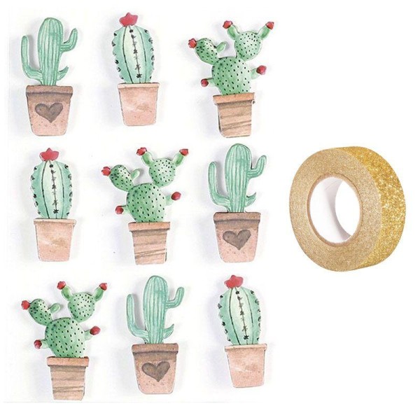 9 stickers 3D Cactus mexicains 4,5 cm + masking tape doré à paillettes 5 m - Photo n°1