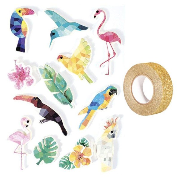 12 stickers 3D Oiseaux tropicaux 6 cm + masking tape doré à paillettes 5 m - Photo n°1