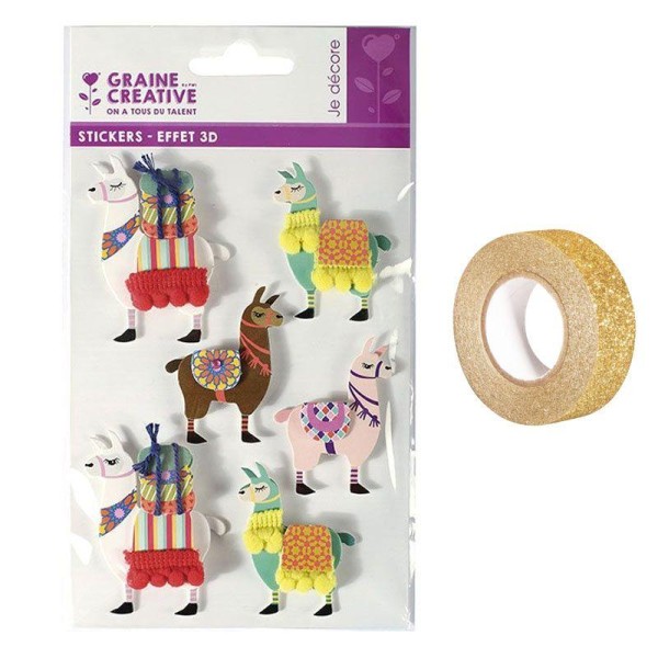 6 stickers 3D Lama 6 cm + masking tape doré à paillettes 5 m - Photo n°1