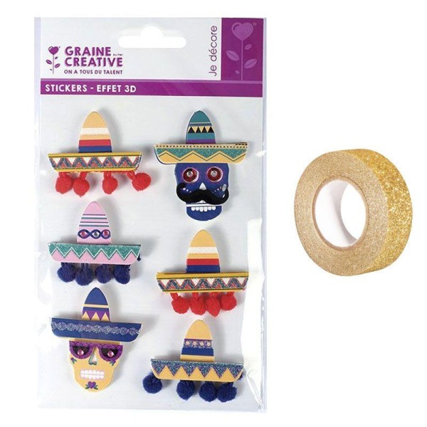 6 stickers 3D Chapeaux mexicains Sombreros 5,5 cm + masking tape doré à paillettes 5 m - Photo n°1