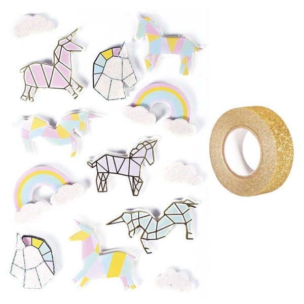 13 stickers 3D Licornes 5 cm + masking tape doré à paillettes 5 m - Photo n°1