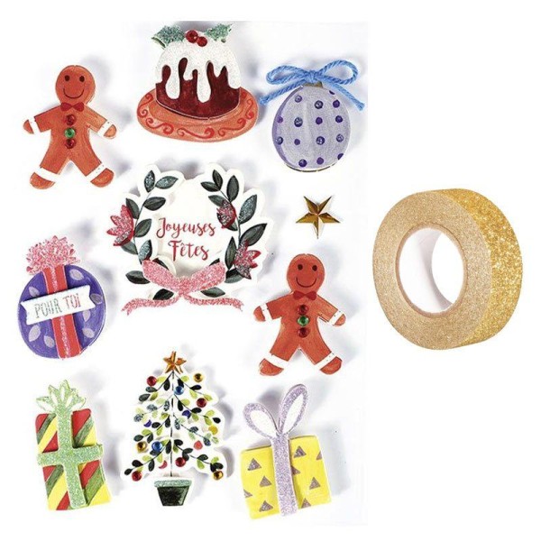 10 stickers 3D Décorations de Noël + masking tape doré à paillettes 5 m - Photo n°1