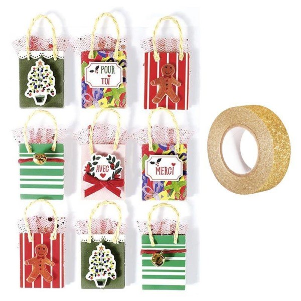 9 stickers 3D de Noël Sac cadeau + masking tape doré à paillettes 5 m - Photo n°1