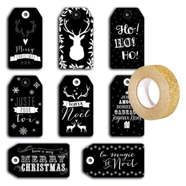 Etiquettes de Noël perforées noires + masking tape doré à paillettes 5 m - Photo n°1