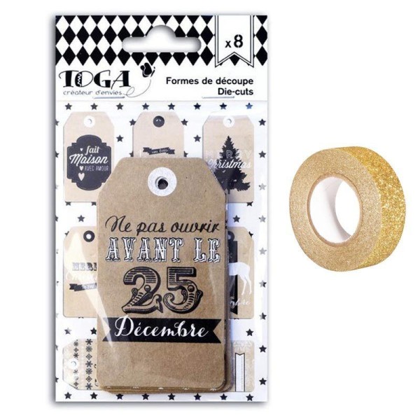 Etiquettes de Noël perforées kraft + masking tape doré à paillettes 5 m - Photo n°1