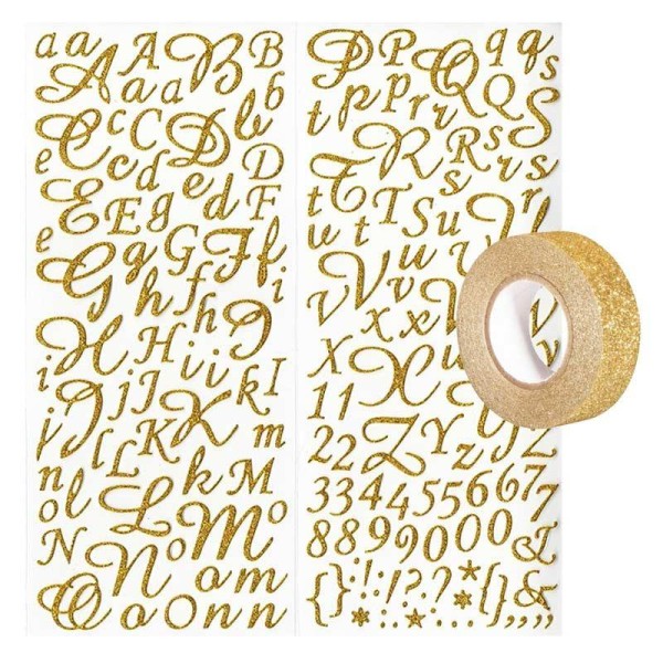 Stickers alphabet & chiffres dorés à paillettes + masking tape doré à paillettes 5 m - Photo n°1