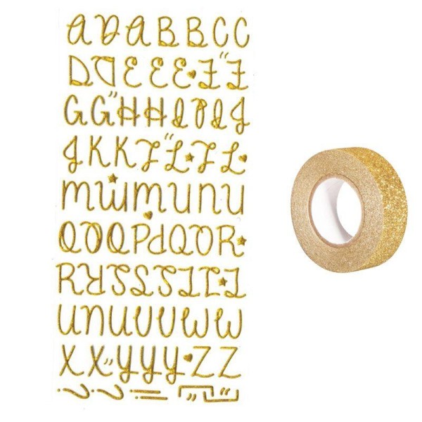 Stickers alphabet doré à paillettes + masking tape doré à paillettes 5 m - Photo n°1