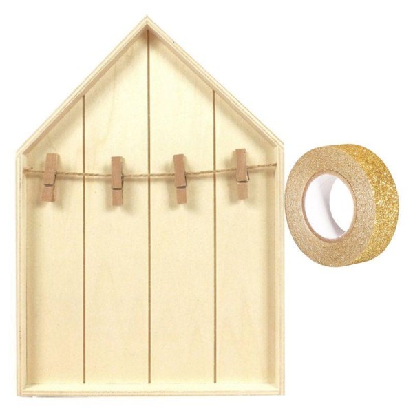 Etagère maison bois avec pinces à linge 19 x 28 cm + masking tape doré à paillettes 5 m - Photo n°1
