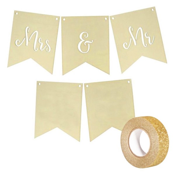 Fanions en bois mariage Mrs & Mr + masking tape doré à paillettes 5 m - Photo n°1
