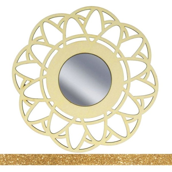 Miroir contour bois à décorer Fleur 20 cm + masking tape doré à paillettes 5 m - Photo n°1