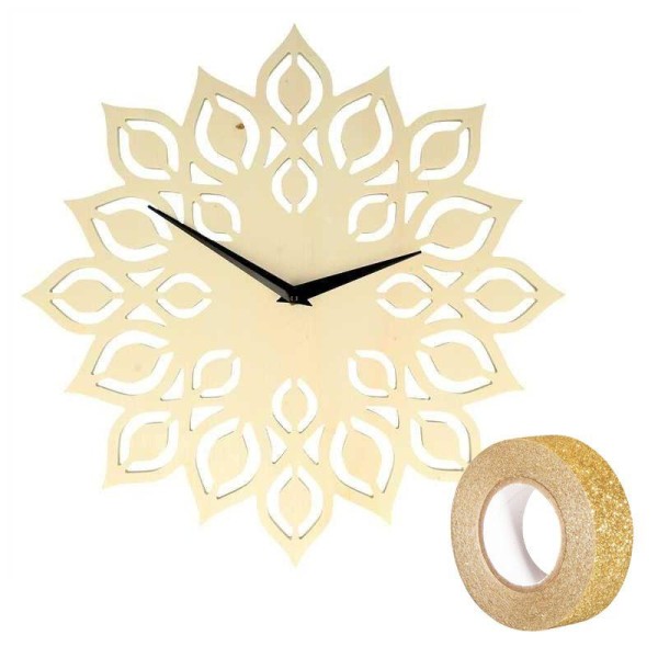 Horloge en bois fleur Ø 30 cm + masking tape doré à paillettes 5 m - Photo n°1