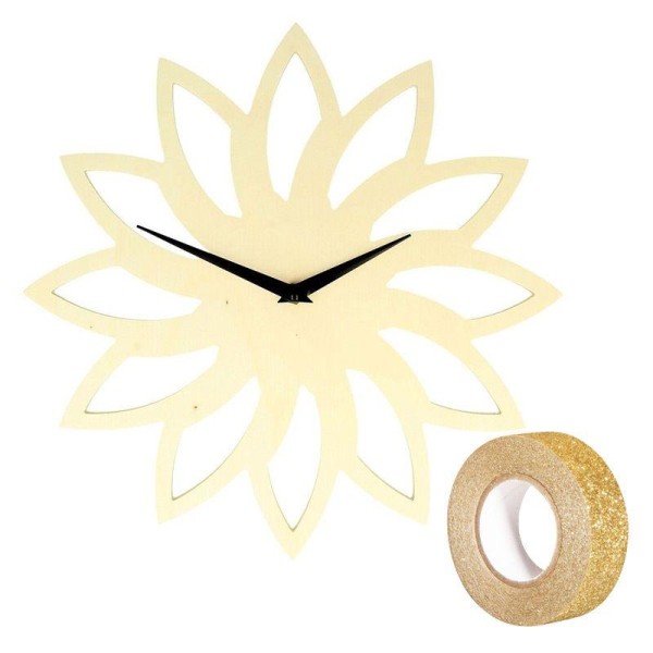 Horloge en bois soleil Ø 30 cm + masking tape doré à paillettes 5 m - Photo n°1