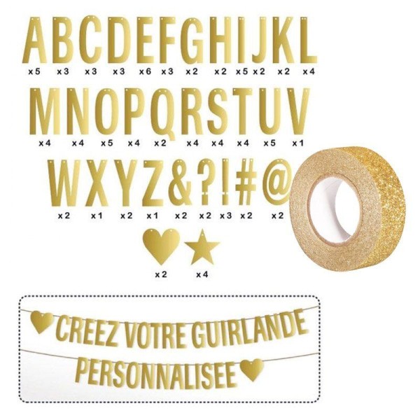 Guirlande de lettres dorées + masking tape doré à paillettes 5 m - Photo n°1