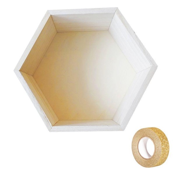 Etagère hexagone bois 24 x 21 x 10 cm + masking tape doré à paillettes 5 m - Photo n°1