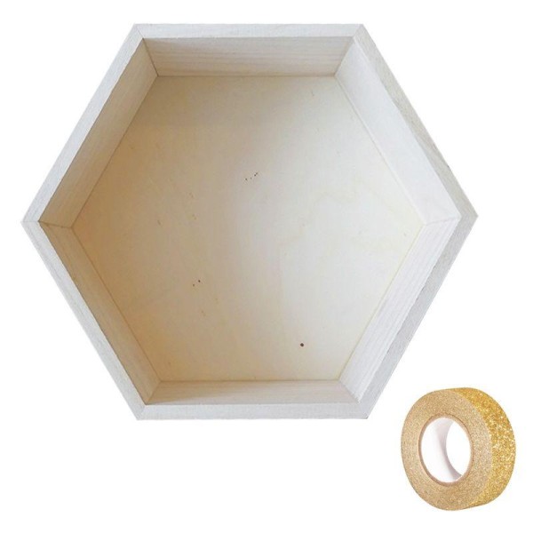 Etagère hexagone bois 27 x 23,5 x 10 cm + masking tape doré à paillettes 5 m - Photo n°1