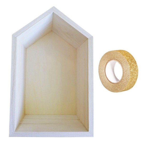 Etagère bois maison 22,5 x 14 x 10 cm + masking tape doré à paillettes 5 m - Photo n°1