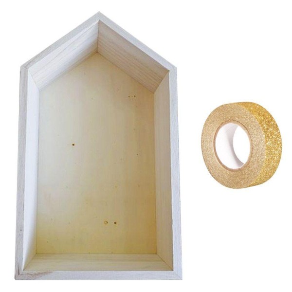 Etagère bois maison 30,5 x 18 x 10 cm + masking tape doré à paillettes 5 m - Photo n°1