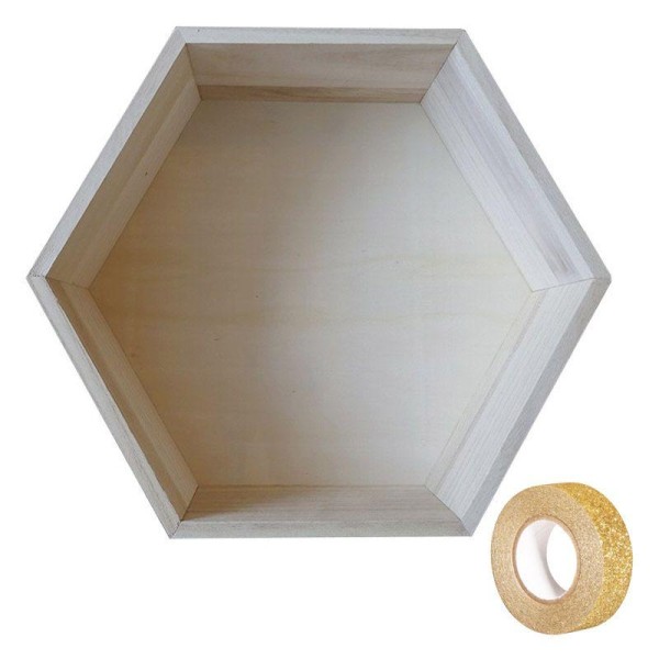 Etagère hexagone bois 30 x 26,5 x 10 cm + masking tape doré à paillettes 5 m - Photo n°1