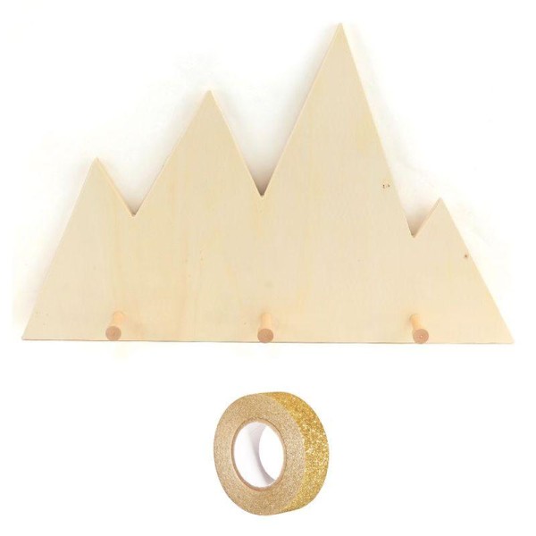 Patères bois Montagne 45 x 28,5 cm + masking tape doré à paillettes 5 m - Photo n°1
