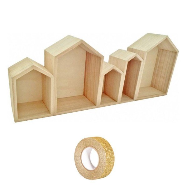 Etagère bois 5 blocs maison 50 x 8 x 20 cm + masking tape doré à paillettes 5 m - Photo n°1