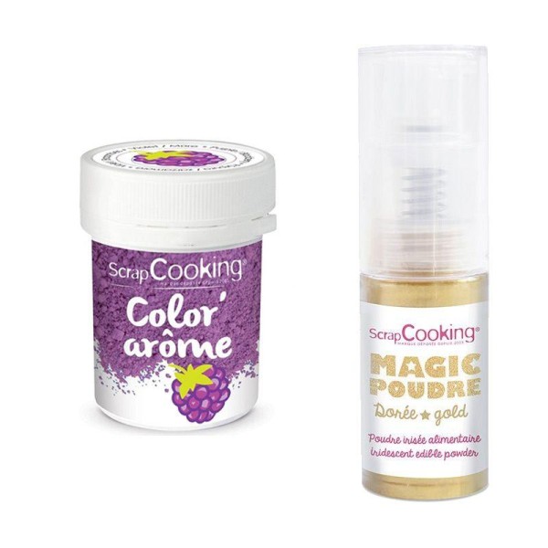 Colorant alimentaire violet arôme mûre + Poudre alimentaire irisée dorée - Photo n°1