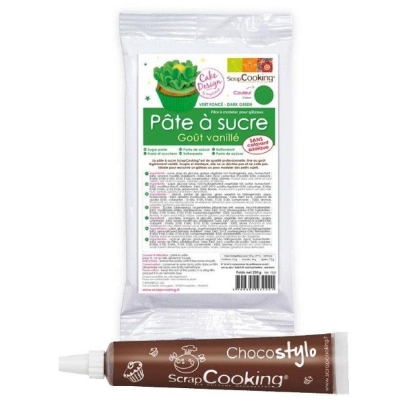 Pâte à sucre verte arôme vanille 250 g + Stylo chocolat - Photo n°1
