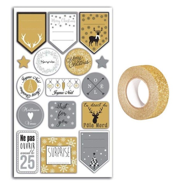 16 stickers pour cadeaux argent et doré Joyeux Noël + masking tape doré à paillettes 5 m - Photo n°1