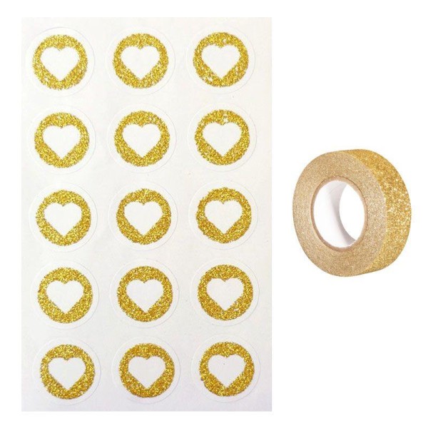 60 stickers ronds Ø 2,6 cm avec coeur doré à paillettes + masking tape doré à paillettes 5 m - Photo n°1