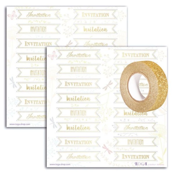 Stickers Invitation dorés 15 x 15 cm + masking tape doré à paillettes 5 m - Photo n°1