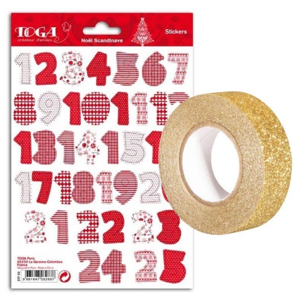 Stickers Noël calendrier de l'Avent scandinave + masking tape doré à paillettes 5 m - Photo n°1