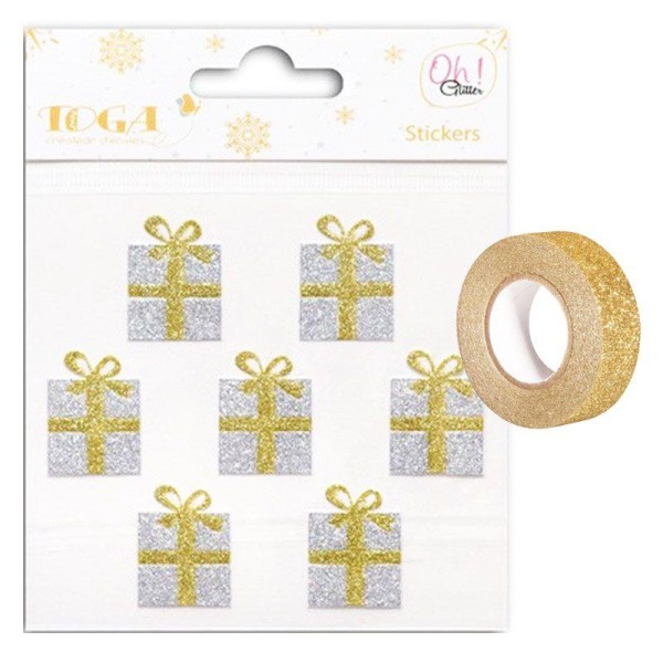 Stickers cadeaux dorés & argentés + masking tape doré à paillettes 5 m - Photo n°1