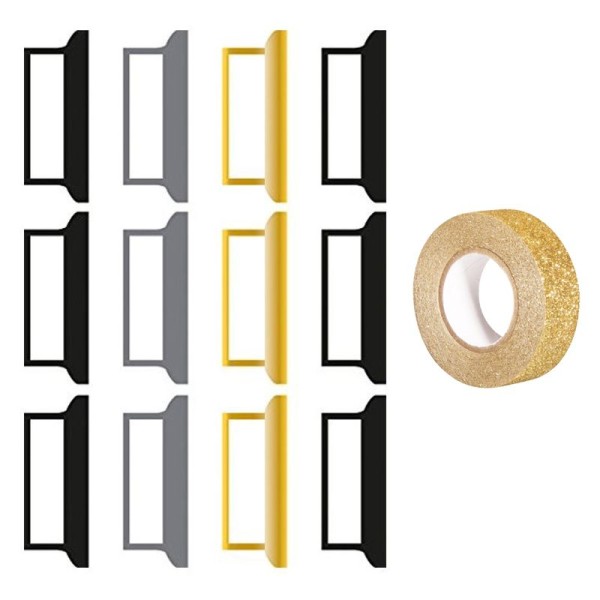 12 stickers onglets pour Bullet journal noir-gris-doré + masking tape doré à paillettes - Photo n°1