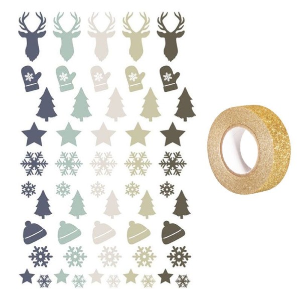 55 stickers epoxy Cerf, sapin et Flocons + masking tape doré à paillettes 5 m - Photo n°1