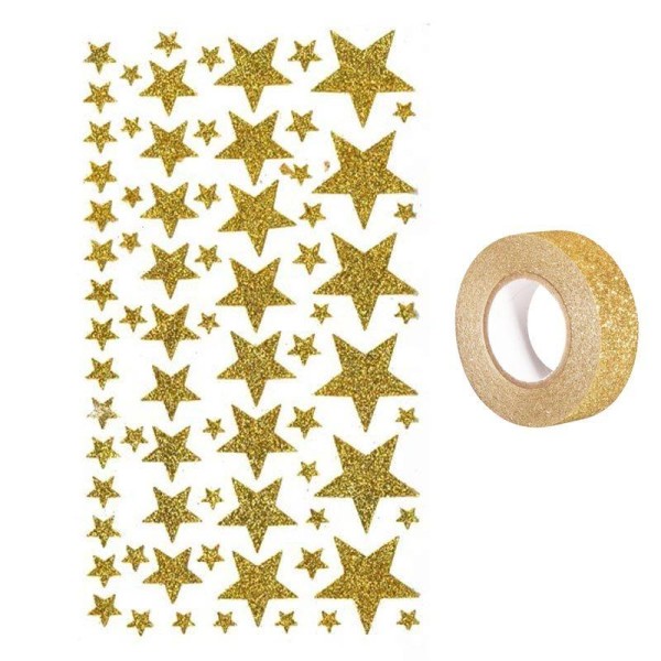 Stickers étoiles à paillettes dorées + masking tape doré à paillettes 5 m - Photo n°1