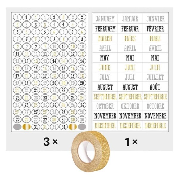 420 stickers dates Bullet journal noir-gris-doré + masking tape doré à paillettes 5 m - Photo n°1