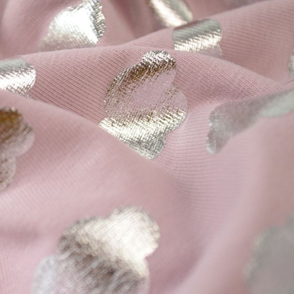 Tissu jersey Oeko tex motifs Nuages argentés fond Rose - Photo n°2