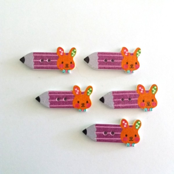 5 Boutons en bois – crayon violet et tête de lapin – 15x32mm - Photo n°1