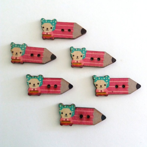 6 Boutons en bois – crayon rose et tête de d’ourson – 15x32mm - Photo n°1