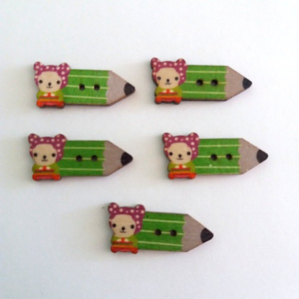 5 Boutons en bois – crayon vert et tête de d’ourson – 15x32mm - Photo n°1