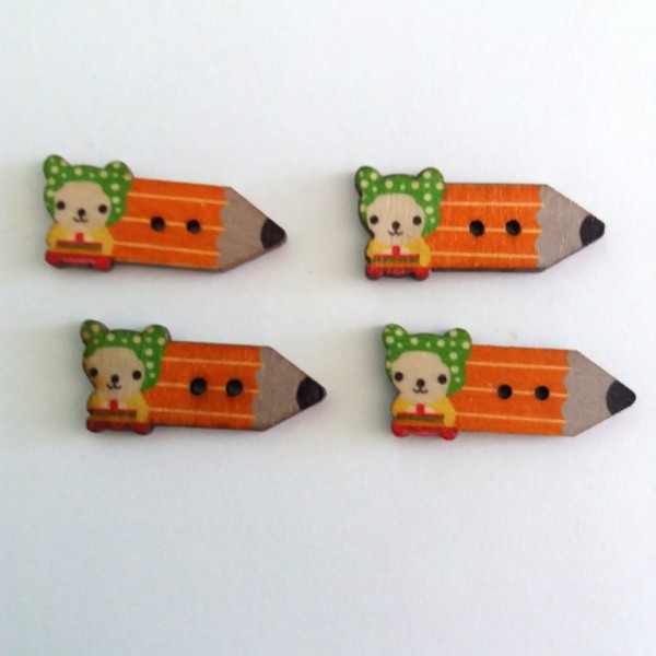 4 Boutons en bois – crayon orange et tête de d’ourson – 15x32mm - Photo n°1
