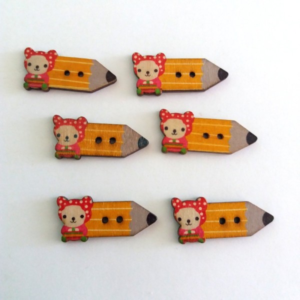 6 Boutons en bois – crayon jaune et tête de d’ourson – 15x32mm - Photo n°1