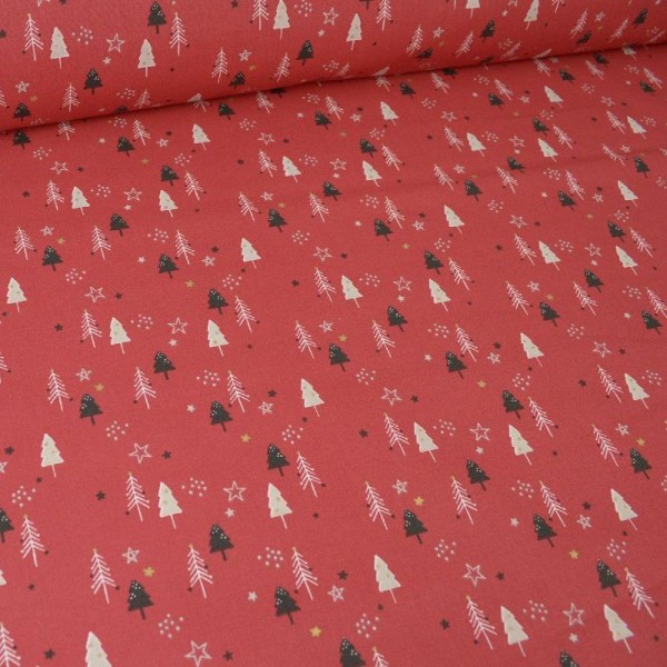Tissu coton imprimé sapins fond rouge et Or. Oeko tex - Photo n°1