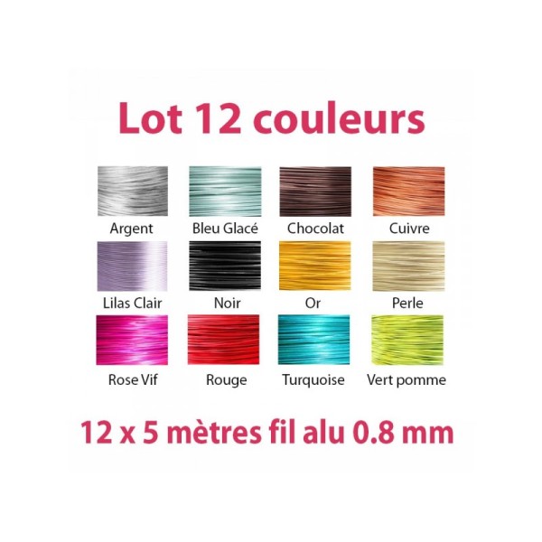 Lot 12 couleurs x 5 mètres de fil aluminium 0.8 mm - Photo n°1