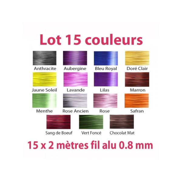 Lot 15 couleurs x 2 mètres de fil aluminium 0.8 mm - Photo n°1