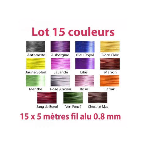 Lot 15 couleurs x 5 mètres de fil aluminium 0.8 mm - Photo n°1