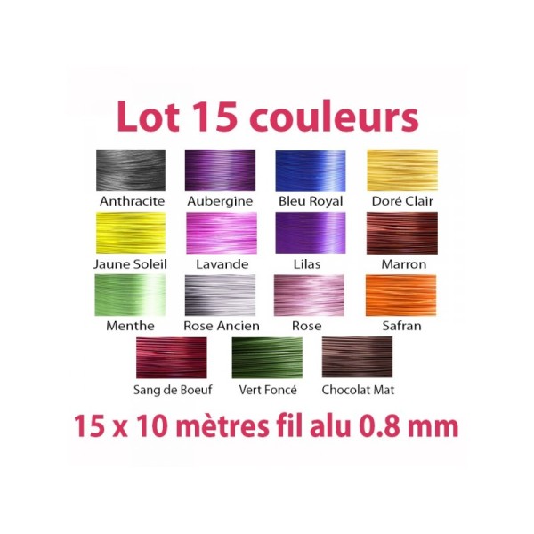 Lot 15 couleurs x 10 mètres de fil aluminium 0.8 mm - Photo n°1