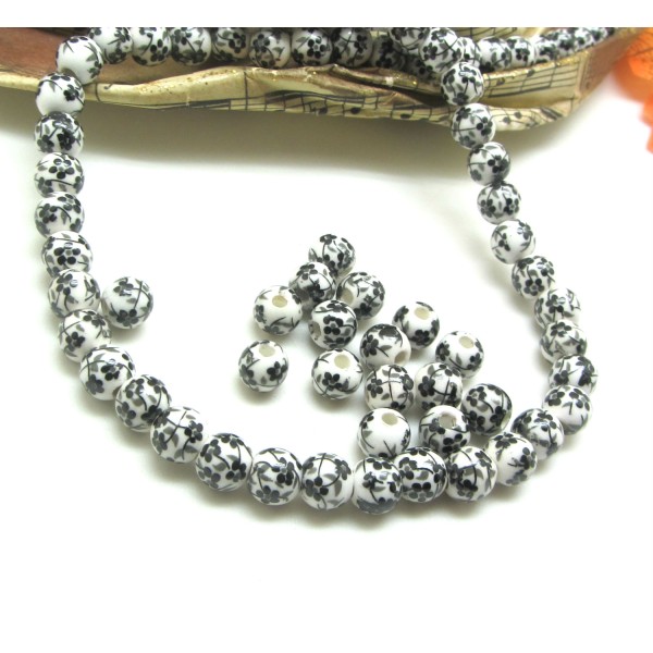 10 Perles Rondes, Perles Céramique  Fleurs Noir et Blanc,  6 mm - Photo n°1
