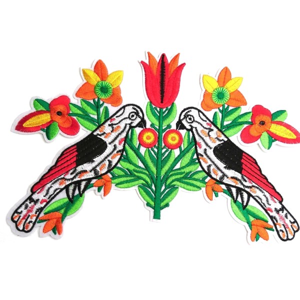 Grand patch brodé oiseaux et fleurs multicolores, écusson thermocollant 25 cm, customisation - Photo n°1