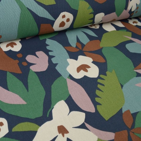 Tissu Toile de coton Canva imprimé feuilles marron, vieux rose et vert fond bleu indig - Photo n°1