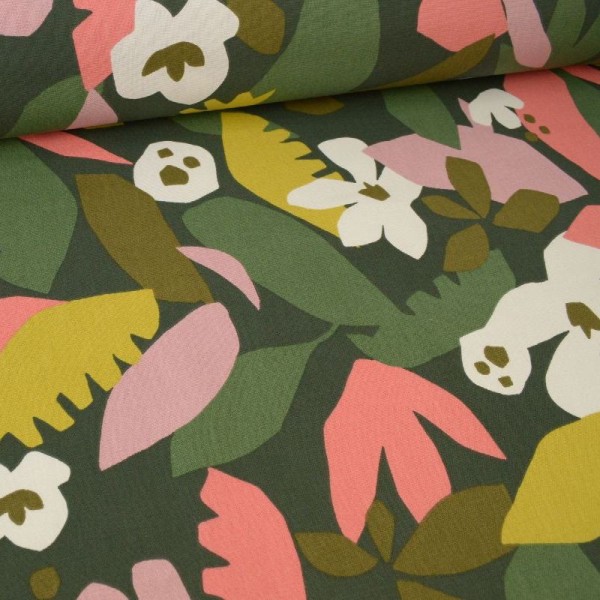 Tissu Toile de coton Canva imprimé fleurs et feuilles fond Kaki - Photo n°1